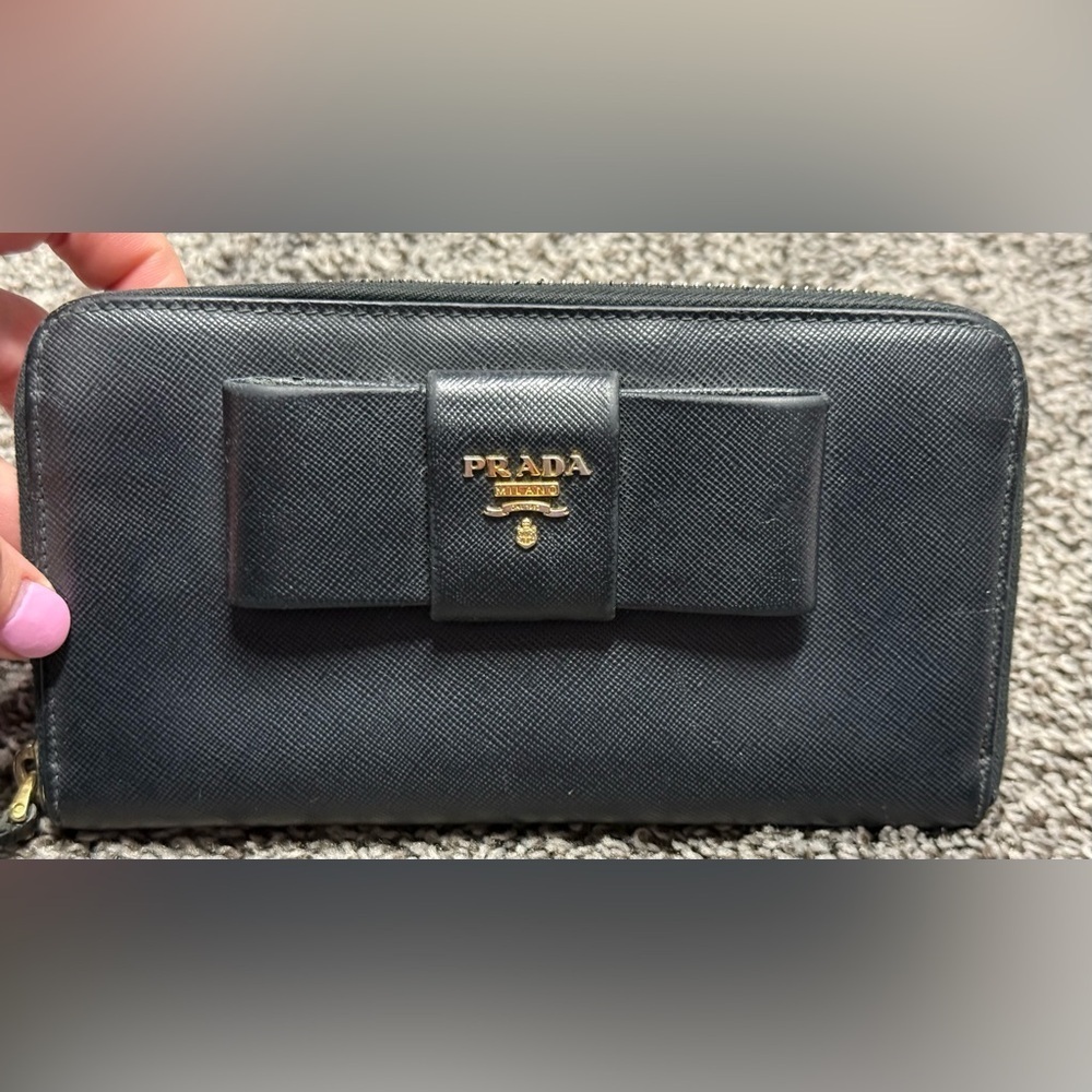 Prada Saffiano leather bow zip around wallet